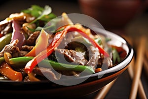 A beef and vegetable stir-fry, with tender strips of beef and crisp vegetables. 